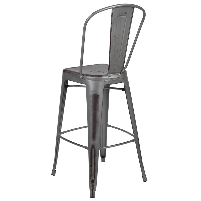 Commercial Grade 30" High Distressed Silver Gray Metal Indoor-Outdoor Barstool with Back