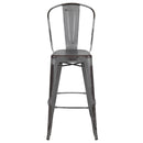 Commercial Grade 30" High Distressed Silver Gray Metal Indoor-Outdoor Barstool with Back
