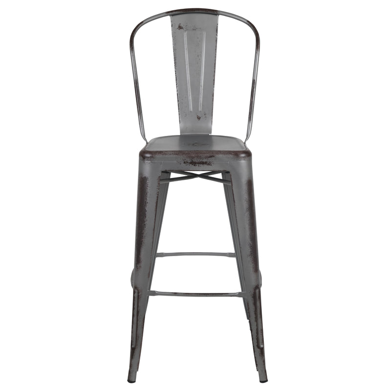 Commercial Grade 30" High Distressed Silver Gray Metal Indoor-Outdoor Barstool with Back