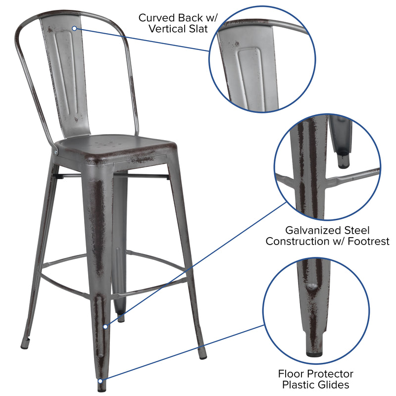 Commercial Grade 30" High Distressed Silver Gray Metal Indoor-Outdoor Barstool with Back