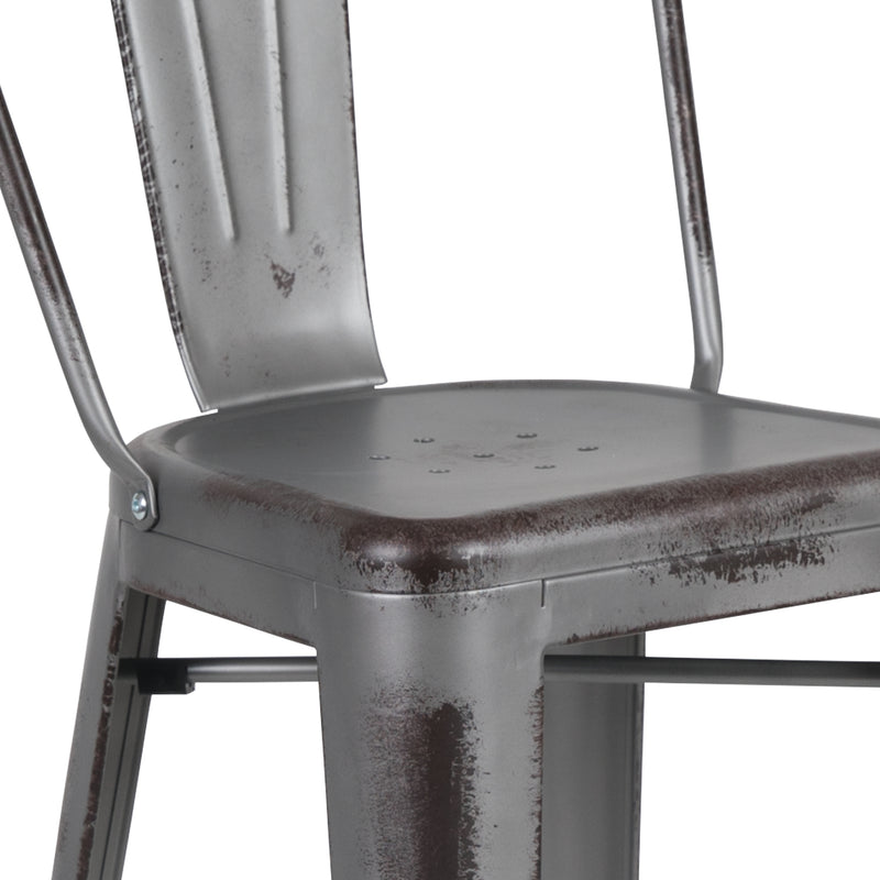 Commercial Grade 30" High Distressed Silver Gray Metal Indoor-Outdoor Barstool with Back