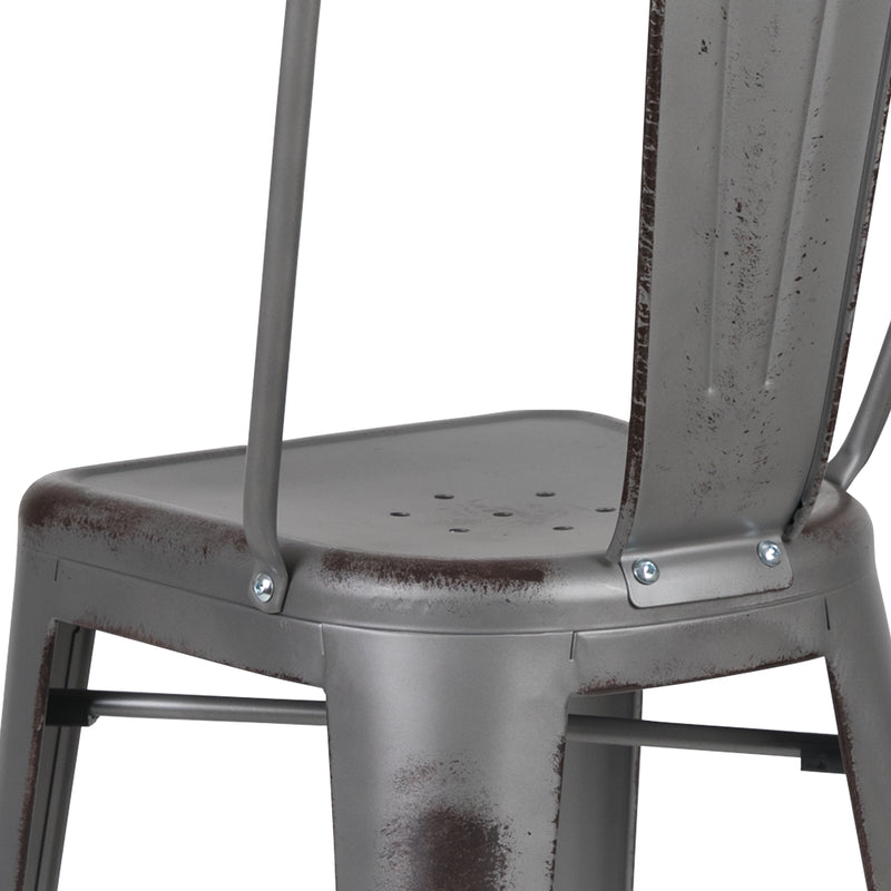 Commercial Grade 30" High Distressed Silver Gray Metal Indoor-Outdoor Barstool with Back