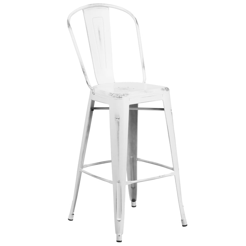 Commercial Grade 30" High Distressed White Metal Indoor-Outdoor Barstool with Back