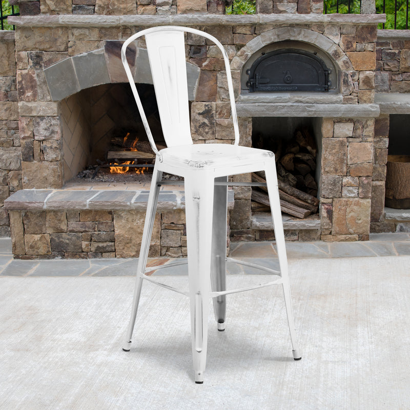 Commercial Grade 30" High Distressed White Metal Indoor-Outdoor Barstool with Back