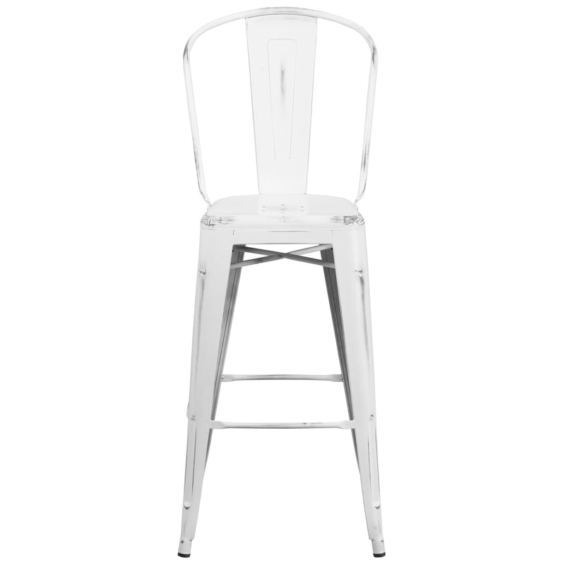 Commercial Grade 30" High Distressed White Metal Indoor-Outdoor Barstool with Back