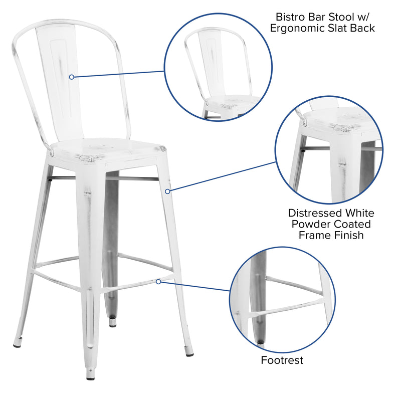 Commercial Grade 30" High Distressed White Metal Indoor-Outdoor Barstool with Back