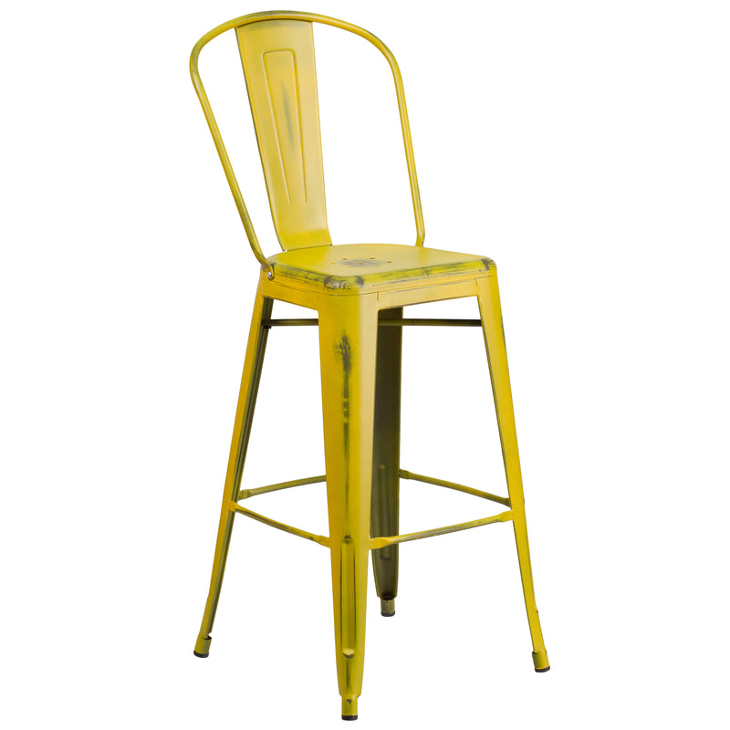 Commercial Grade 30" High Distressed Yellow Metal Indoor-Outdoor Barstool with Back