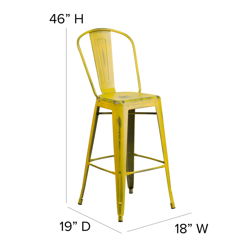 Commercial Grade 30" High Distressed Yellow Metal Indoor-Outdoor Barstool with Back