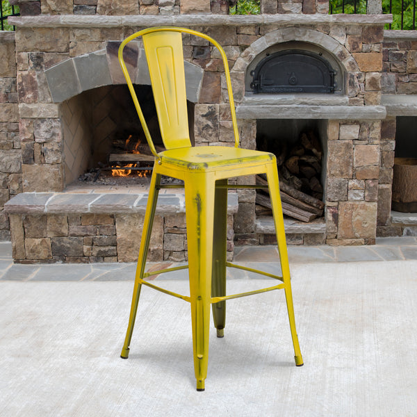 Commercial Grade 30" High Distressed Yellow Metal Indoor-Outdoor Barstool with Back