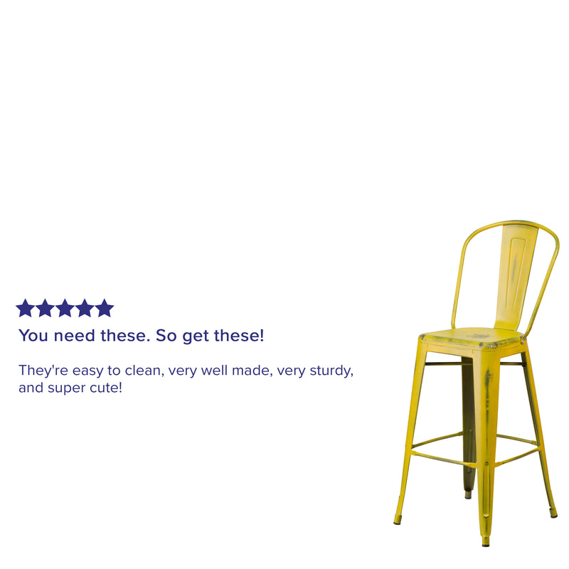 Commercial Grade 30" High Distressed Yellow Metal Indoor-Outdoor Barstool with Back