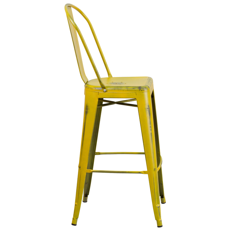 Commercial Grade 30" High Distressed Yellow Metal Indoor-Outdoor Barstool with Back