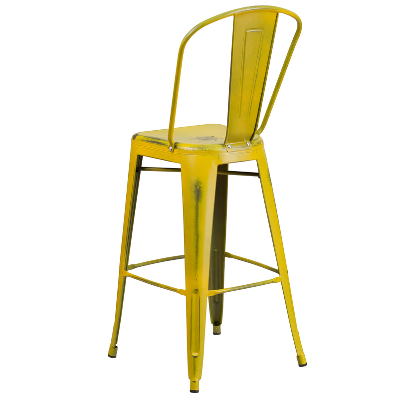 Commercial Grade 30" High Distressed Yellow Metal Indoor-Outdoor Barstool with Back