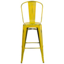 Commercial Grade 30" High Distressed Yellow Metal Indoor-Outdoor Barstool with Back