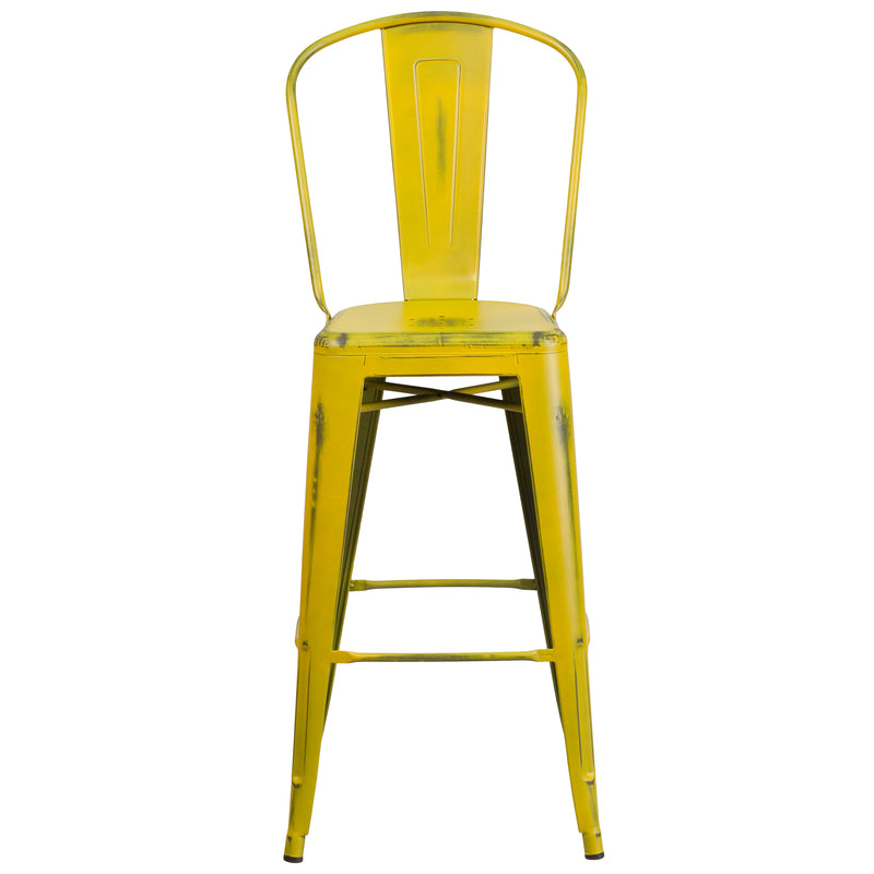 Commercial Grade 30" High Distressed Yellow Metal Indoor-Outdoor Barstool with Back