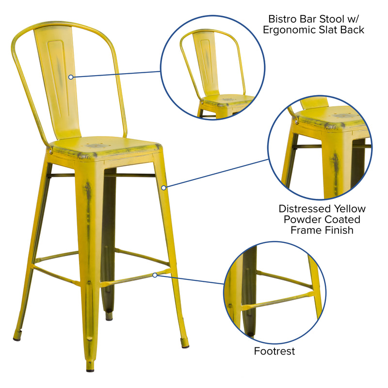 Commercial Grade 30" High Distressed Yellow Metal Indoor-Outdoor Barstool with Back