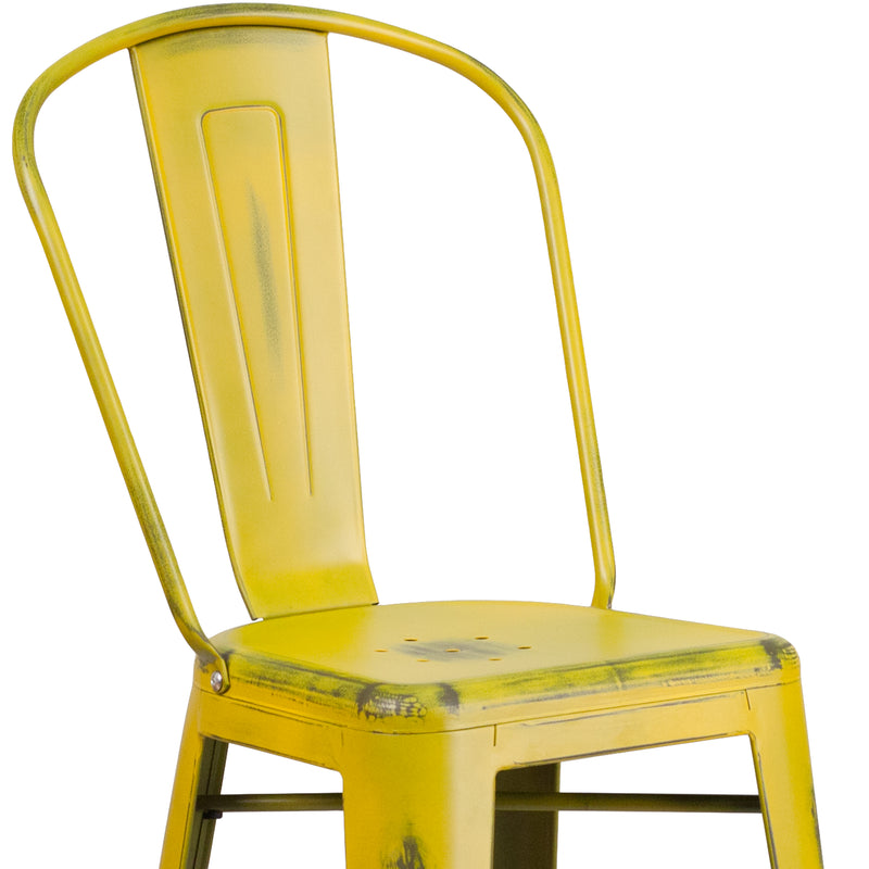 Commercial Grade 30" High Distressed Yellow Metal Indoor-Outdoor Barstool with Back