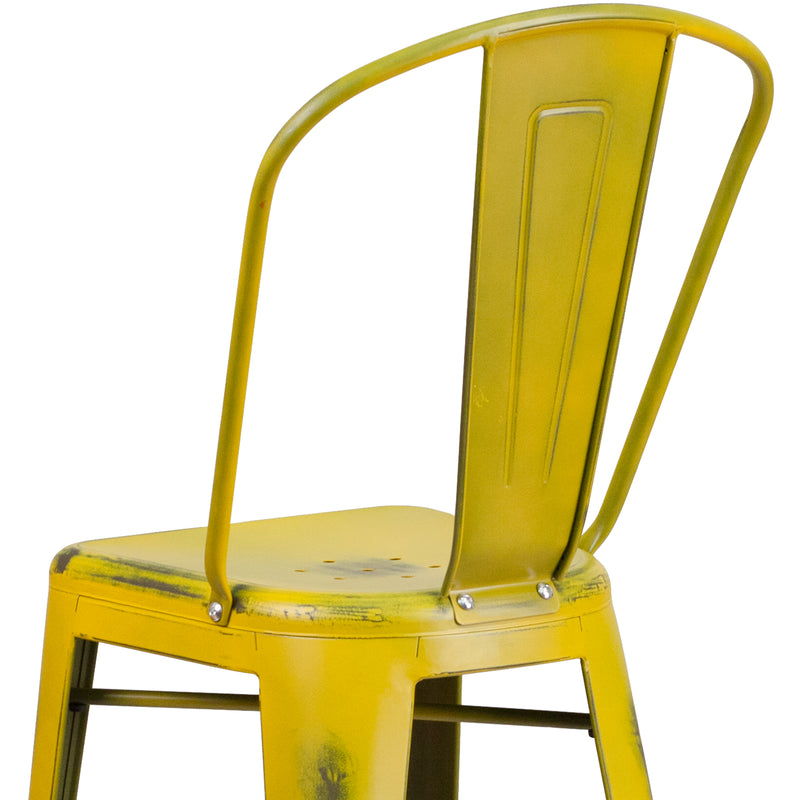 Commercial Grade 30" High Distressed Yellow Metal Indoor-Outdoor Barstool with Back