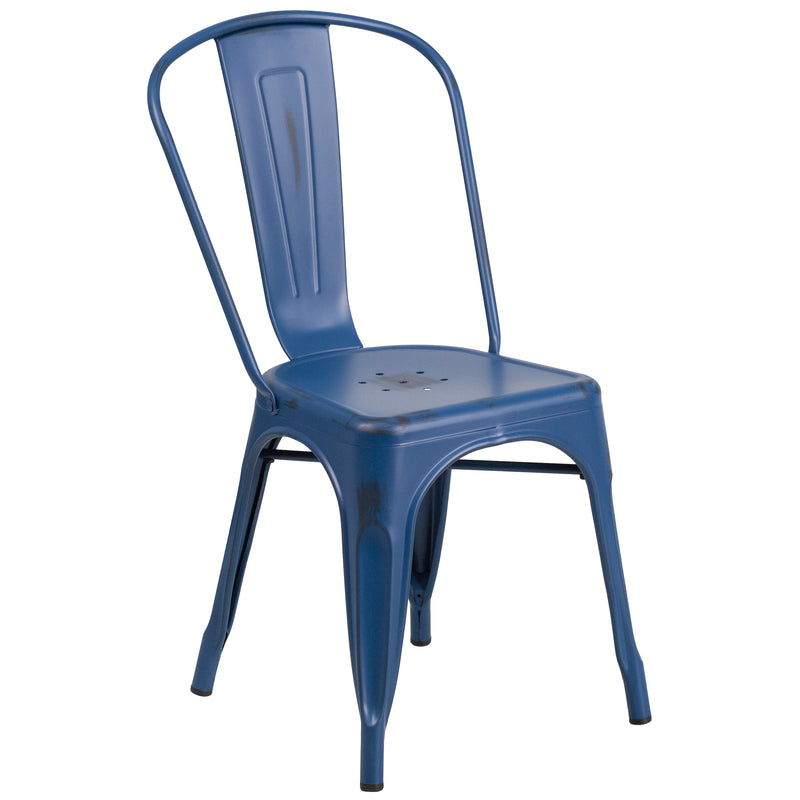 Commercial Grade Distressed Antique Blue Metal Indoor-Outdoor Stackable Chair