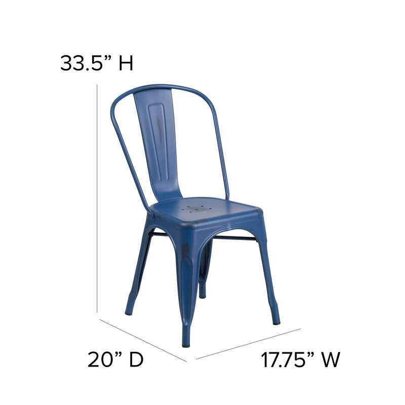 Commercial Grade Distressed Antique Blue Metal Indoor-Outdoor Stackable Chair