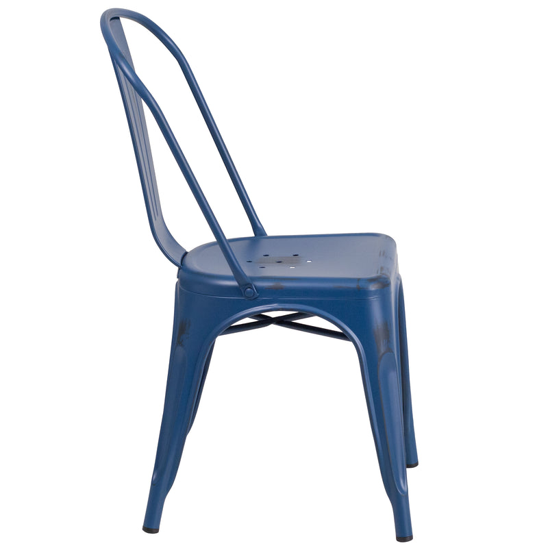 Commercial Grade Distressed Antique Blue Metal Indoor-Outdoor Stackable Chair