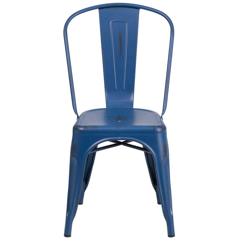 Commercial Grade Distressed Antique Blue Metal Indoor-Outdoor Stackable Chair