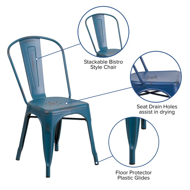 Commercial Grade Distressed Antique Blue Metal Indoor-Outdoor Stackable Chair