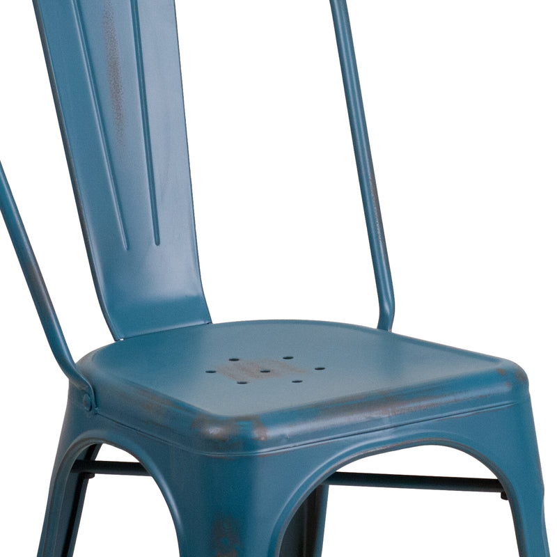 Commercial Grade Distressed Antique Blue Metal Indoor-Outdoor Stackable Chair