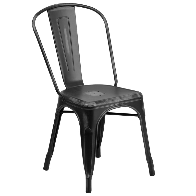 Commercial Grade Distressed Black Metal Indoor-Outdoor Stackable Chair