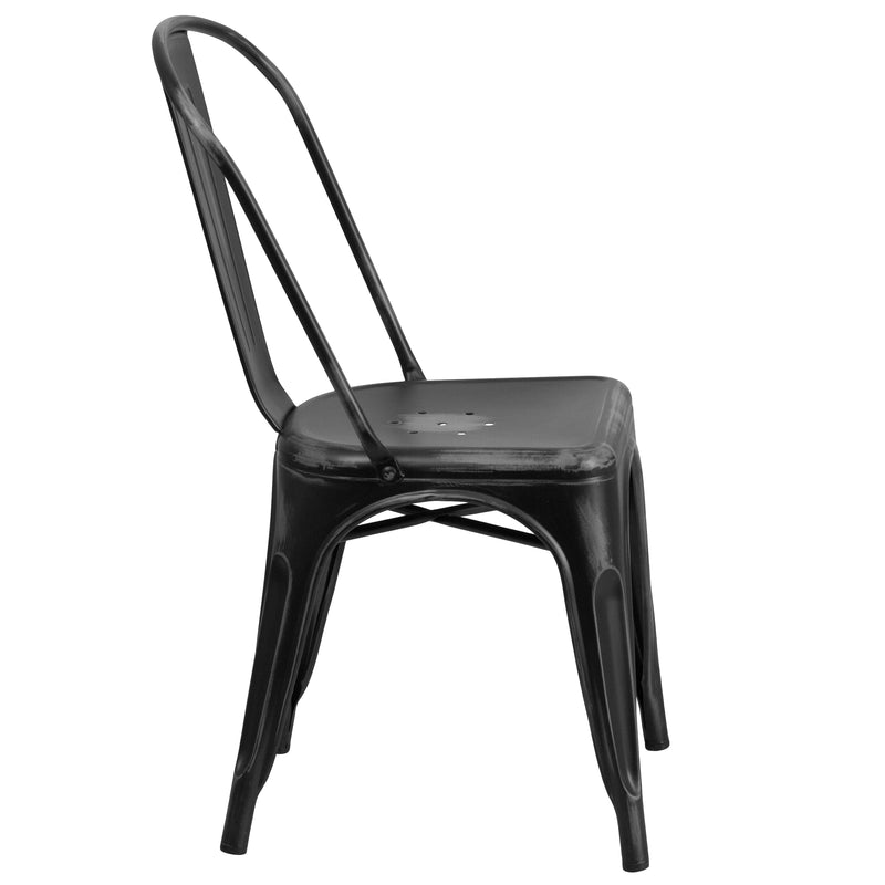 Commercial Grade Distressed Black Metal Indoor-Outdoor Stackable Chair