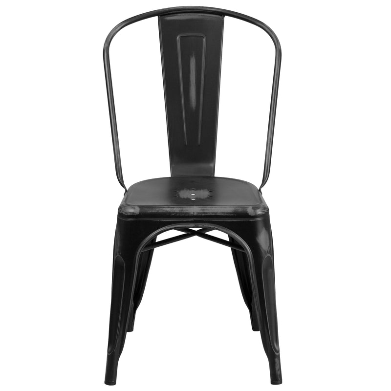 Commercial Grade Distressed Black Metal Indoor-Outdoor Stackable Chair