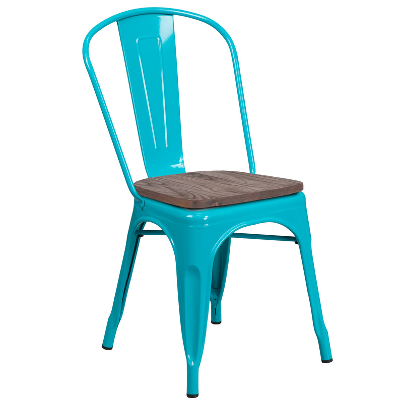 Crystal Teal-Blue Metal Stackable Chair with Wood Seat