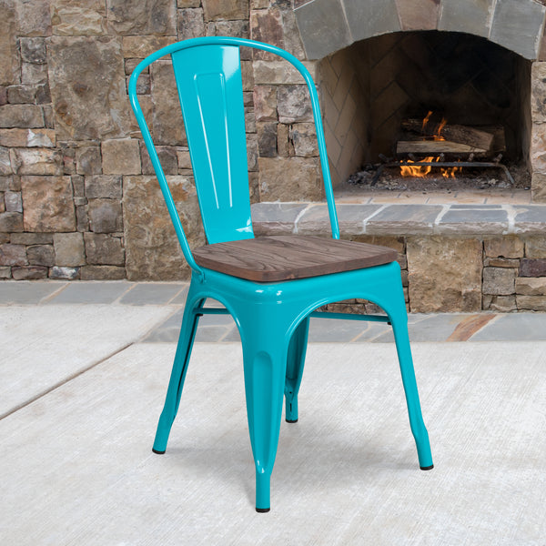 Crystal Teal-Blue Metal Stackable Chair with Wood Seat