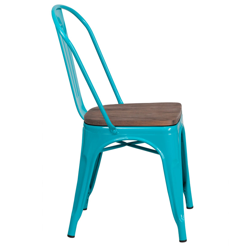 Crystal Teal-Blue Metal Stackable Chair with Wood Seat