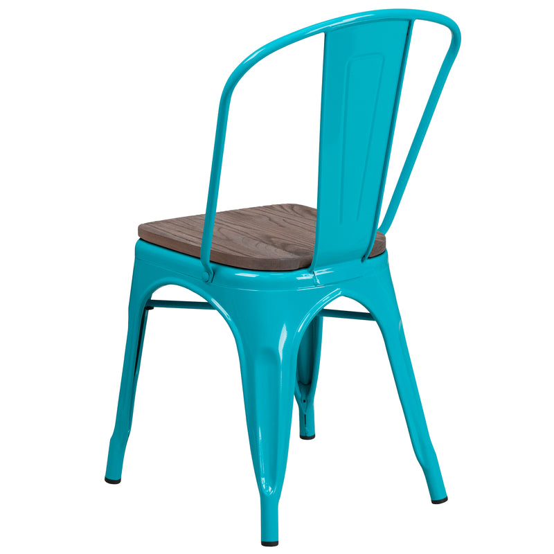 Crystal Teal-Blue Metal Stackable Chair with Wood Seat