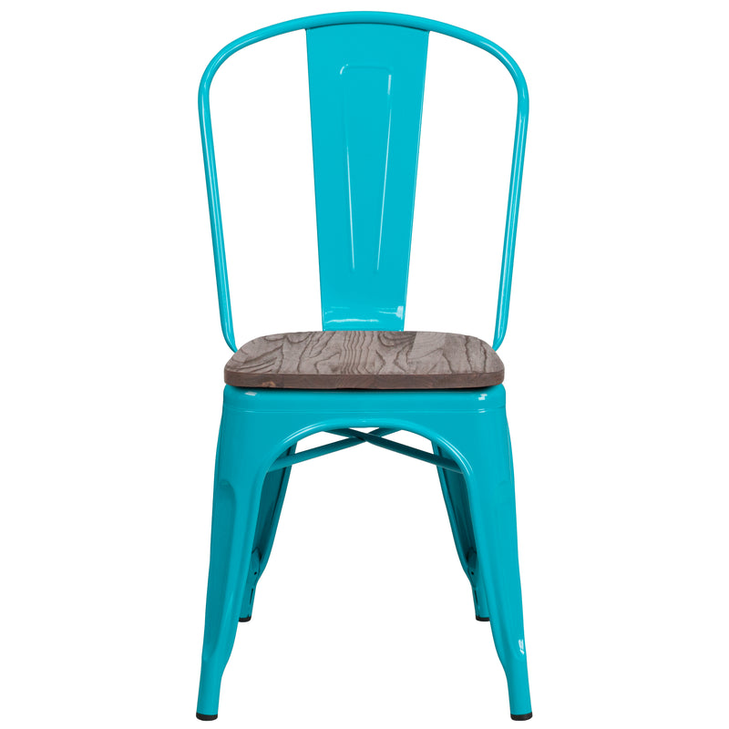 Crystal Teal-Blue Metal Stackable Chair with Wood Seat