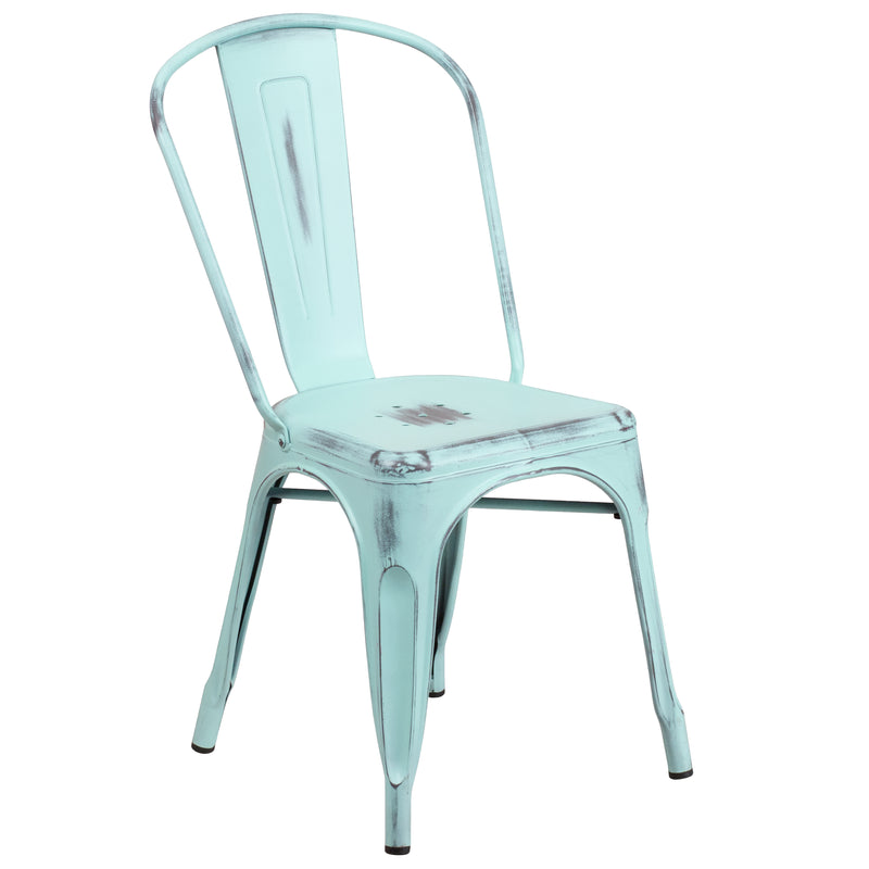 Commercial Grade Distressed Green-Blue Metal Indoor-Outdoor Stackable Chair