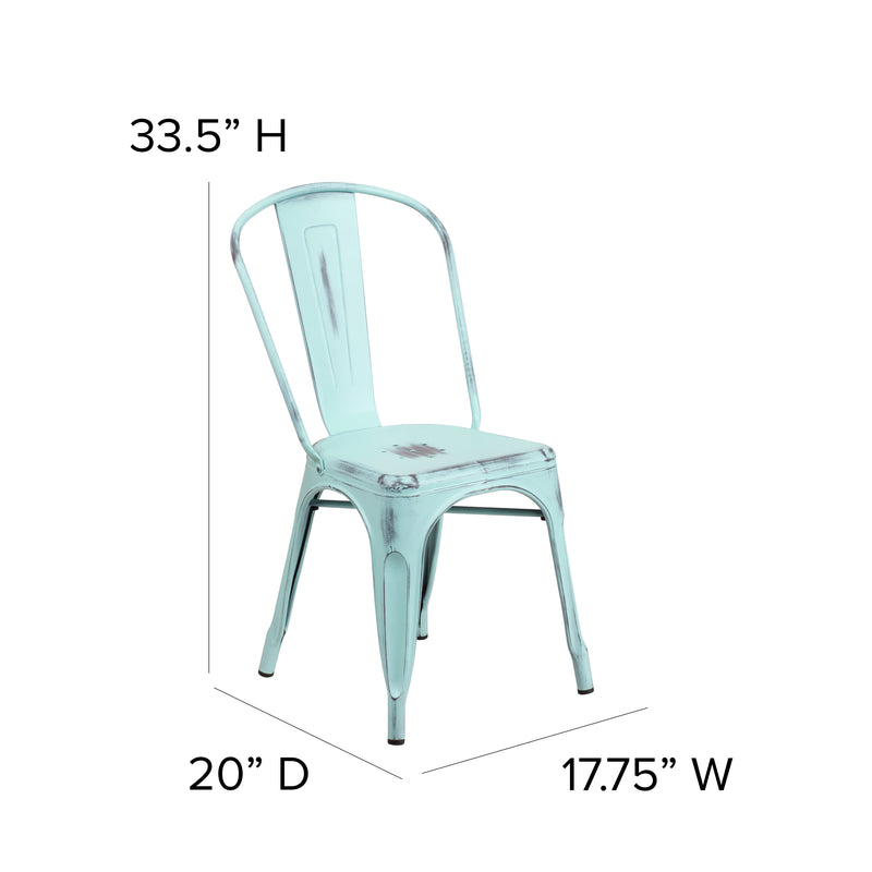 Commercial Grade Distressed Green-Blue Metal Indoor-Outdoor Stackable Chair