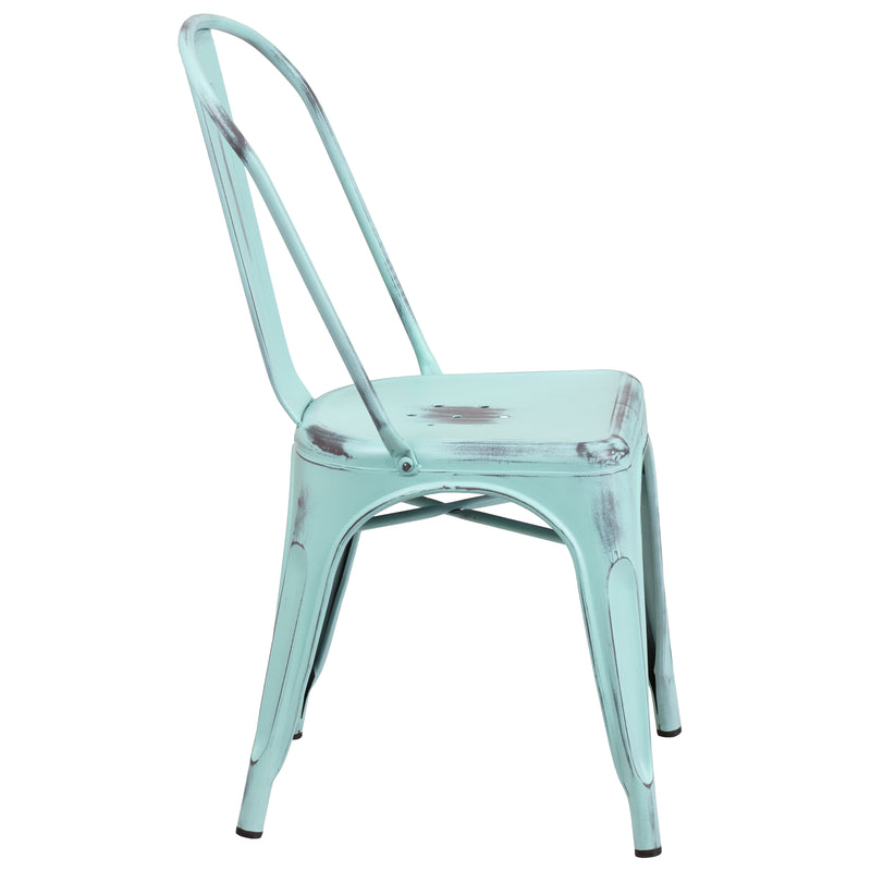 Commercial Grade Distressed Green-Blue Metal Indoor-Outdoor Stackable Chair