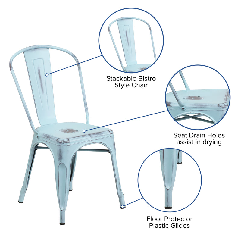 Commercial Grade Distressed Green-Blue Metal Indoor-Outdoor Stackable Chair