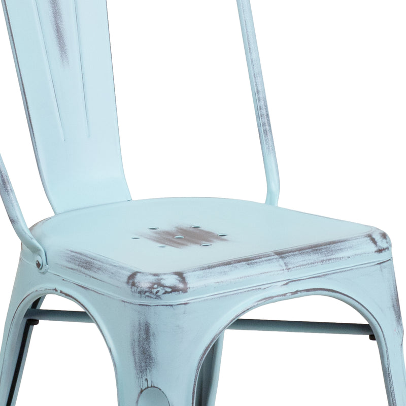 Commercial Grade Distressed Green-Blue Metal Indoor-Outdoor Stackable Chair