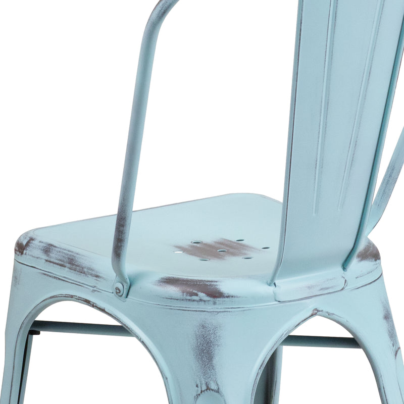 Commercial Grade Distressed Green-Blue Metal Indoor-Outdoor Stackable Chair