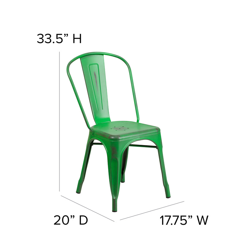 Commercial Grade Distressed Green Metal Indoor-Outdoor Stackable Chair