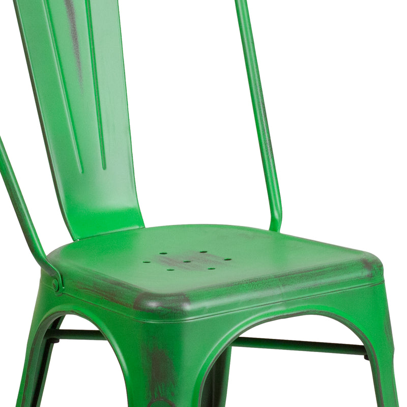 Commercial Grade Distressed Green Metal Indoor-Outdoor Stackable Chair