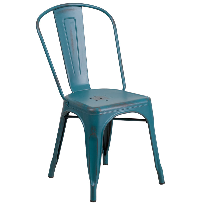 Commercial Grade Distressed Kelly Blue-Teal Metal Indoor-Outdoor Stackable Chair