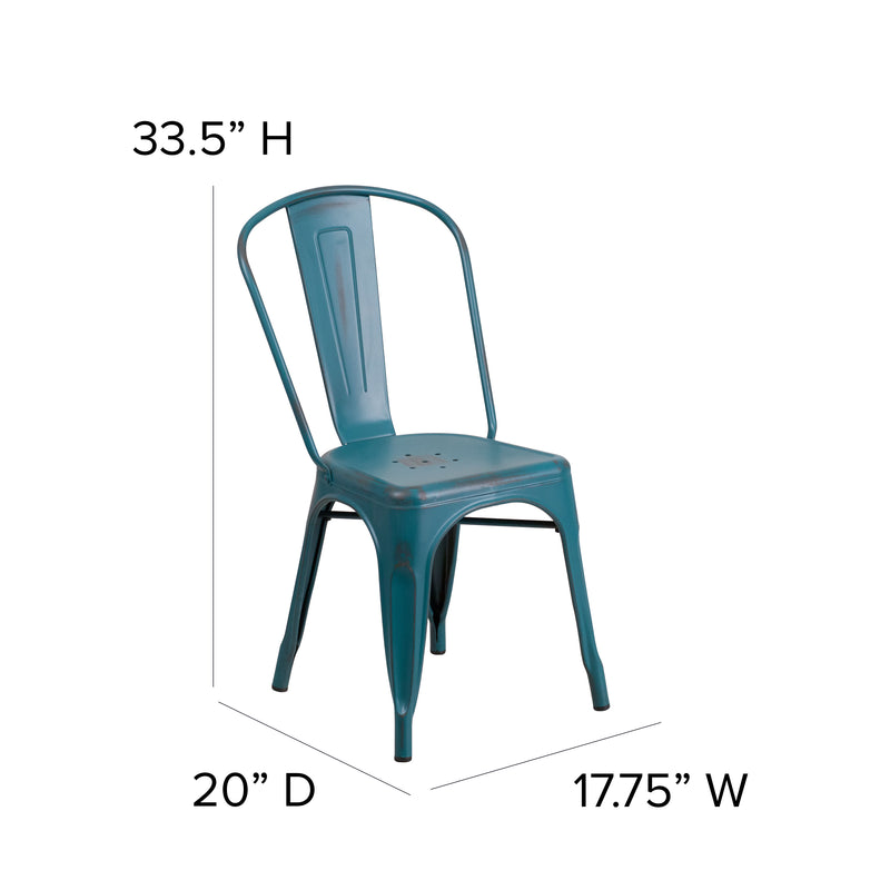 Commercial Grade Distressed Kelly Blue-Teal Metal Indoor-Outdoor Stackable Chair