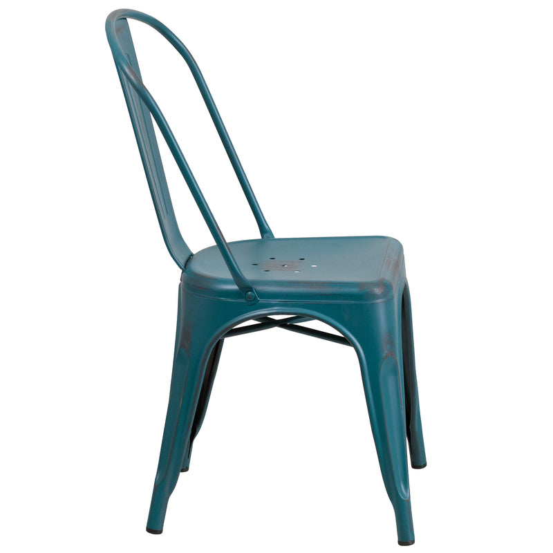 Commercial Grade Distressed Kelly Blue-Teal Metal Indoor-Outdoor Stackable Chair