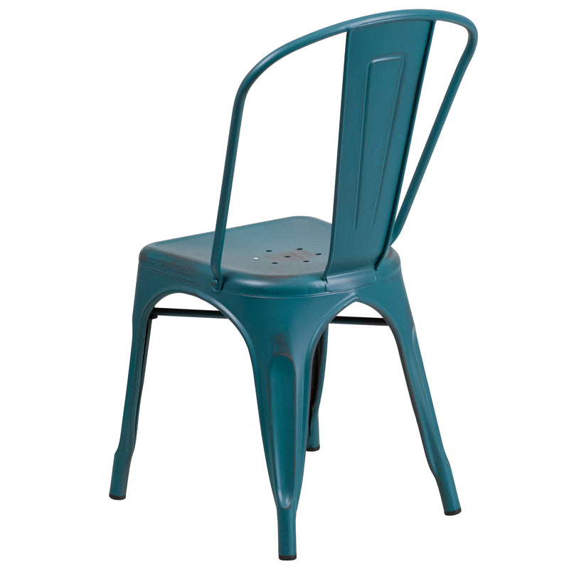 Commercial Grade Distressed Kelly Blue-Teal Metal Indoor-Outdoor Stackable Chair