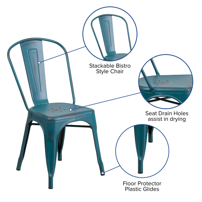 Commercial Grade Distressed Kelly Blue-Teal Metal Indoor-Outdoor Stackable Chair