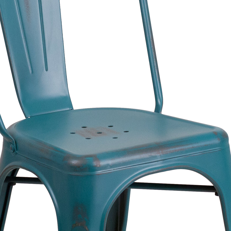 Commercial Grade Distressed Kelly Blue-Teal Metal Indoor-Outdoor Stackable Chair