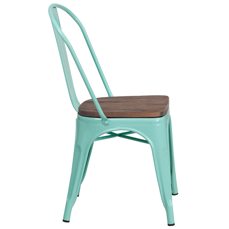 Mint Green Metal Stackable Chair with Wood Seat